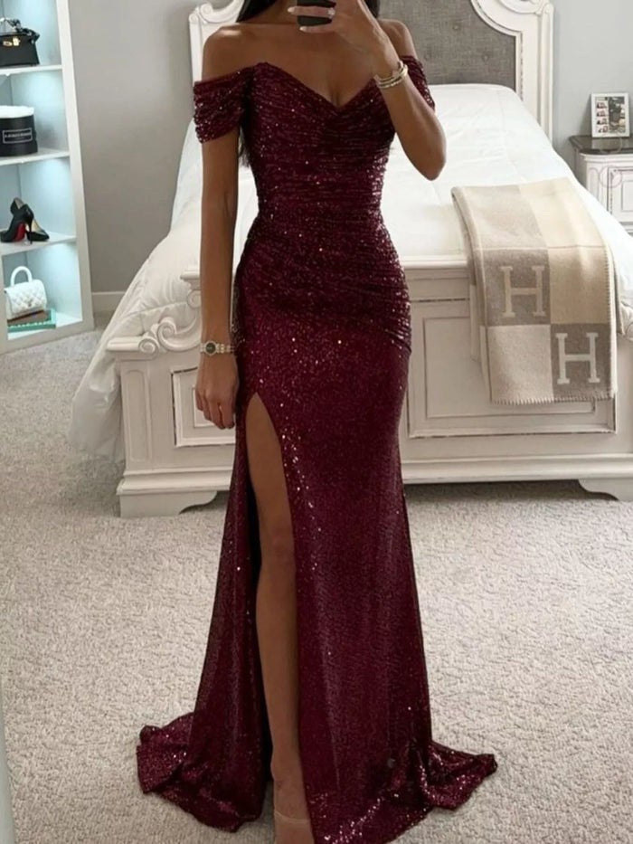 Off-Shoulder Sequin Mermaid Evening Dress with High Slit